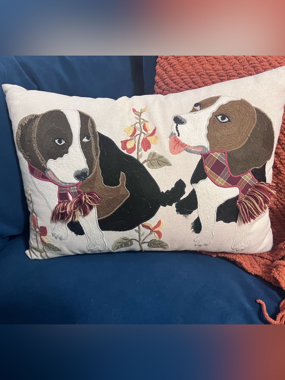 Rare Vintage Pier 1 Imports Fall plaid beagle dog embroidered accent pillow